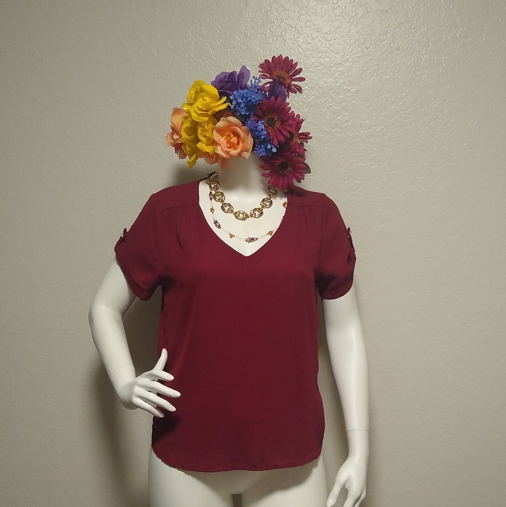 Meraki Burgundy Short Sleeves Large Top